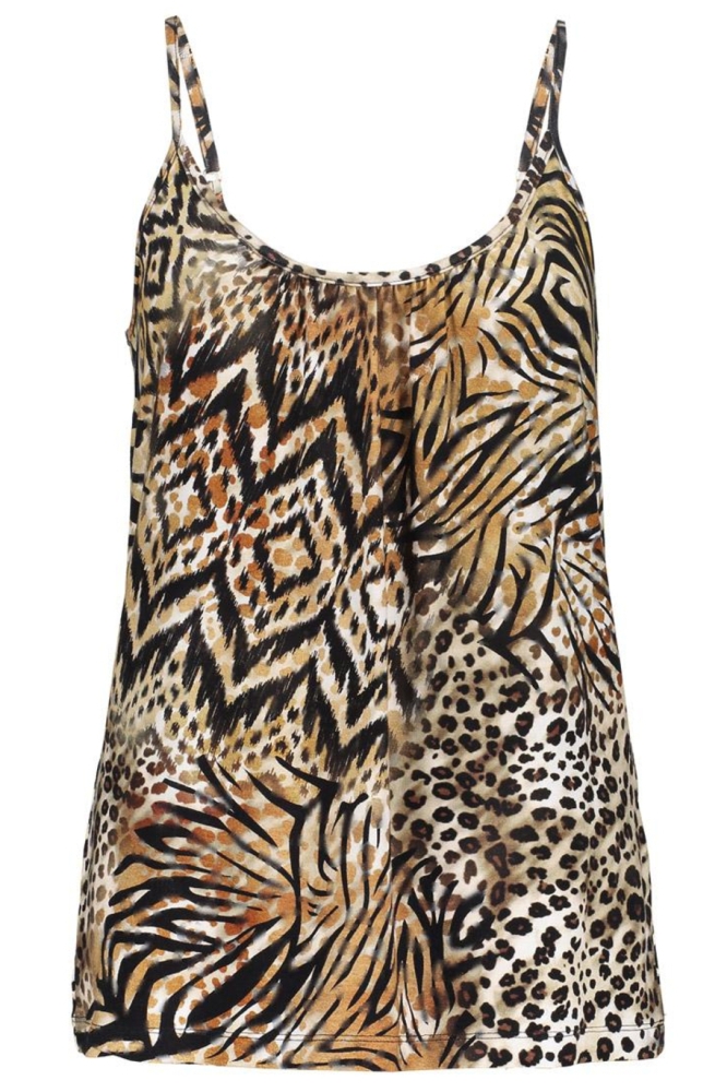 SUE ZOMERSE TOP MET PRINT EN SPAGHETTIBANDJES 52448 60 000775 BROWN/BLACK